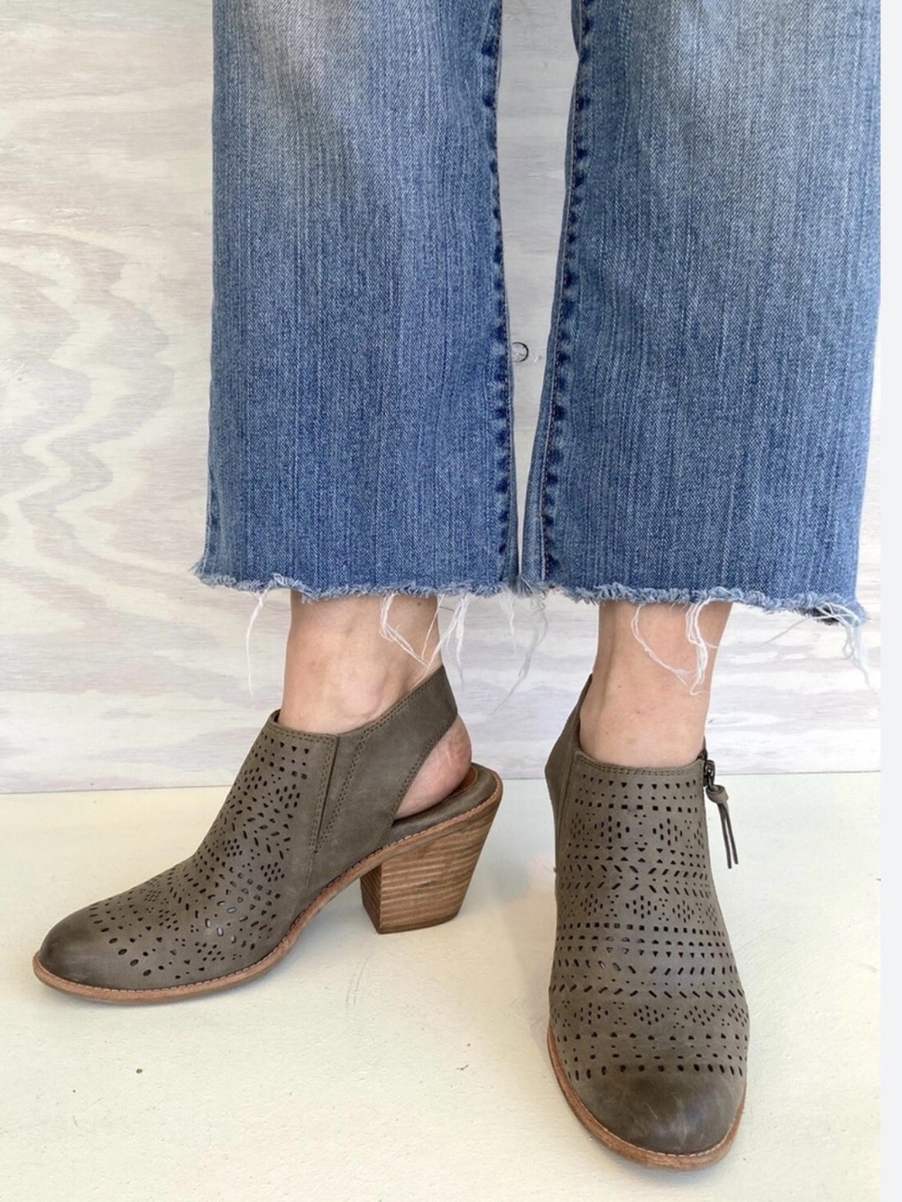 Sofft Olive Green Perforated Slingback Heel Booties